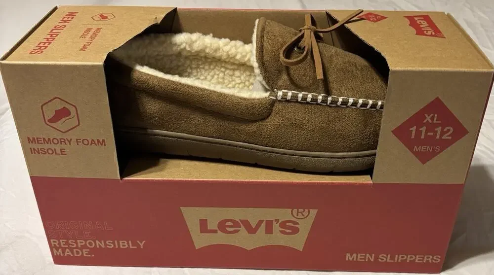 Levi’s Men’s Memory Foam Moccasin Slippers XL 11-12 Tan Sherpa Lined NIB